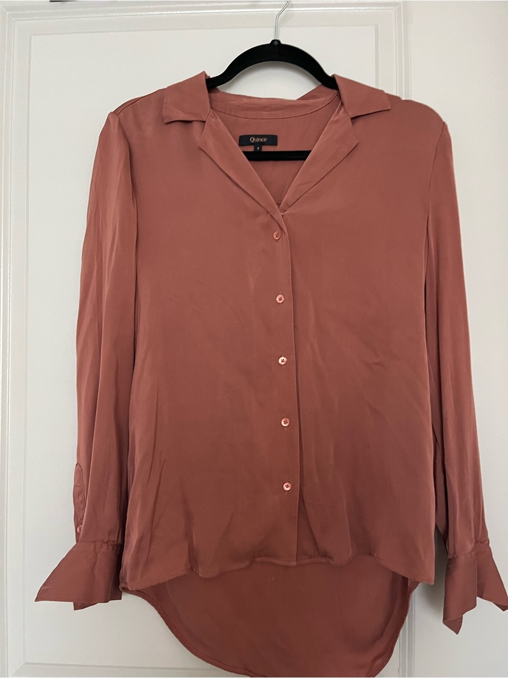 Quince Washable Stretch Silk Notch Collar Blouse in Orange size small